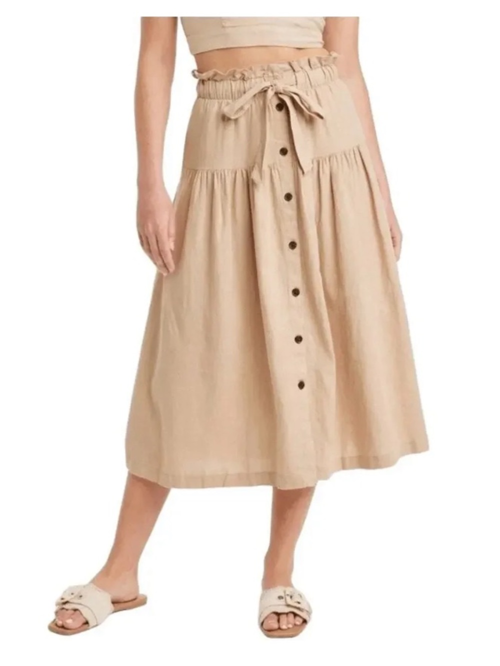 Universal Thread Beige Button-Front Midi Skirt with Tie Waist